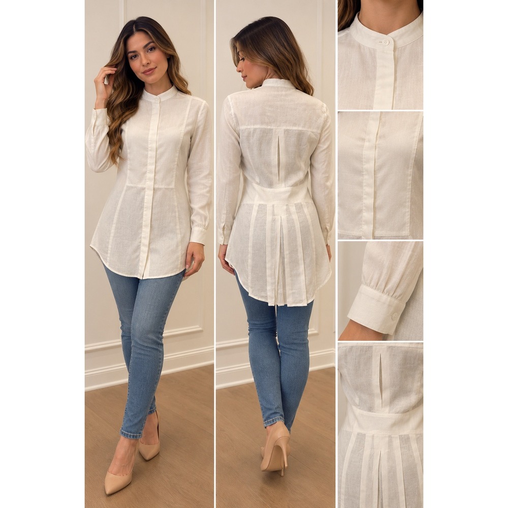 %100 Capri Linen Tunic Blouse Women small White Pleated Back Mandarin collar